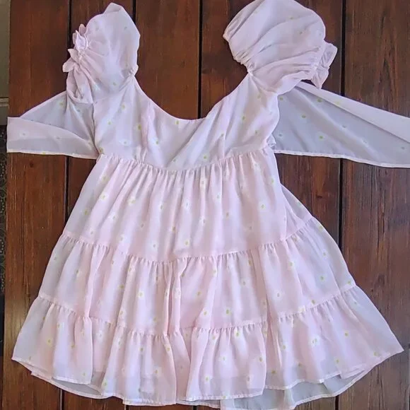 Lucy in the Sky Pink Ruffled Babydoll Dress Floral Daisy Puff Sleeves Sz Medium - Picture 4 of 11